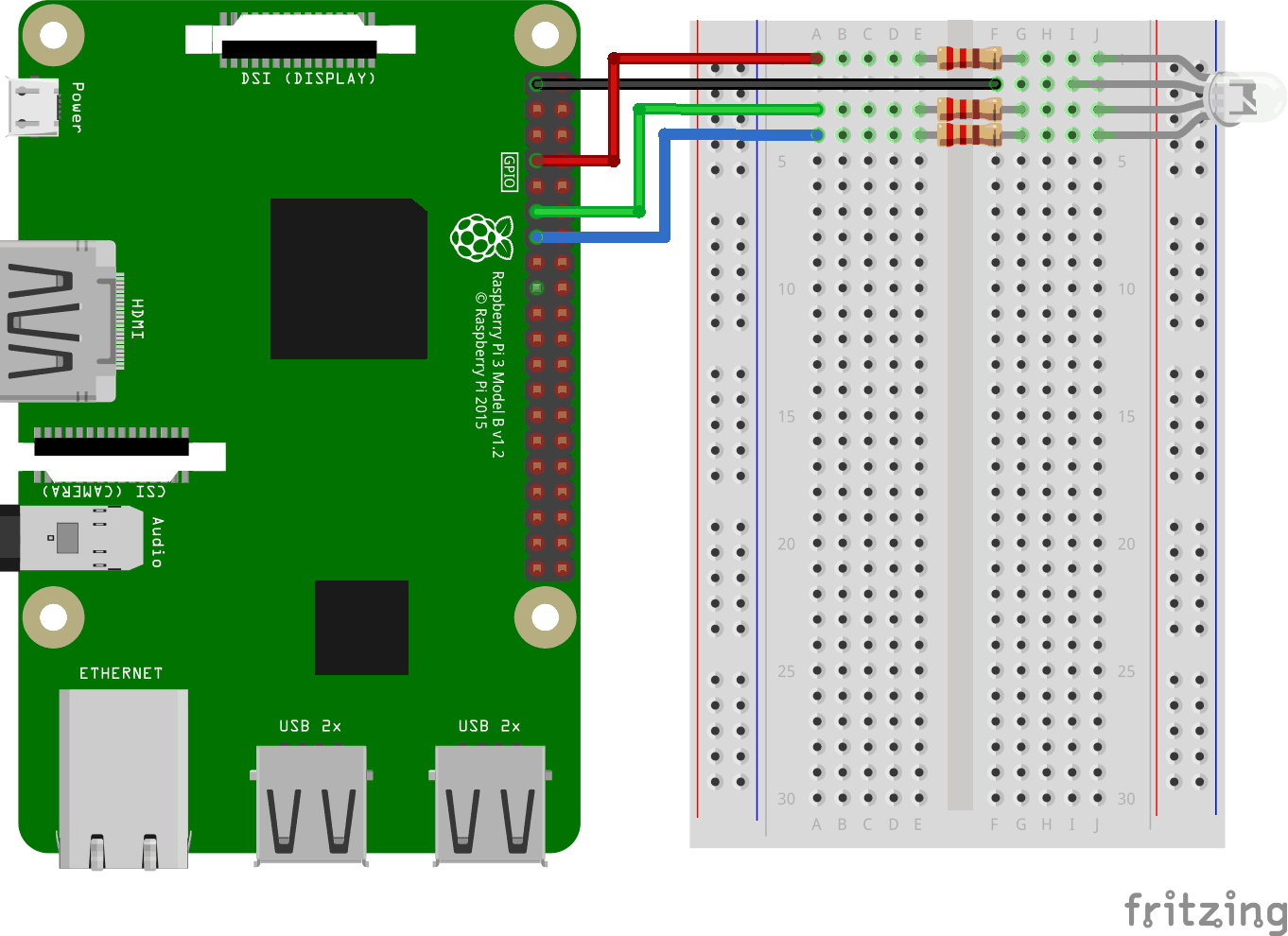 Raspberry Pi 3 with Breadboard. RGB LED common Anode